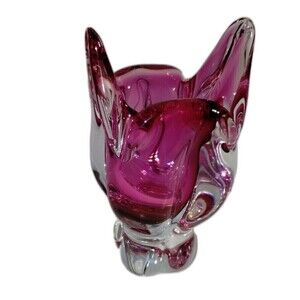 Chribska Cranberry Sommerso Cat's Head Art Glass Vase Joseph Hospodka Czech Boho
